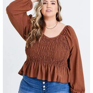 Arula Womens Brown Smocked Peasant Top With Long Sleeves & Ruffle Hem Size 2X